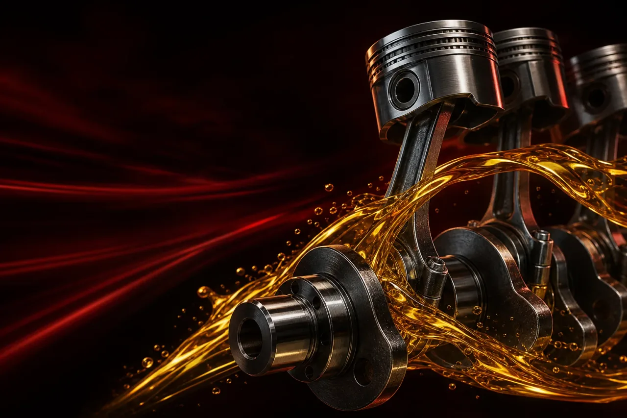 Golden motor oil protecting a precision crankshaft and piston assembly