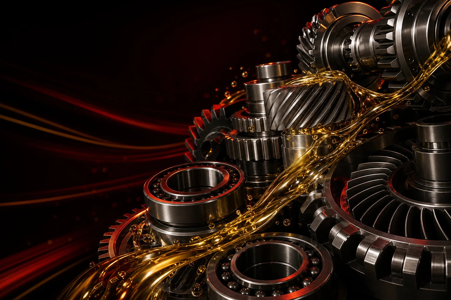 Precision industrial gears and bearings protected by flowing golden oil