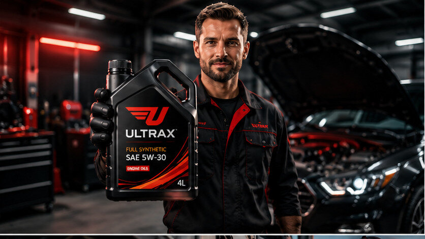 Mechanic presenting a 4-litre ULTRAX oil canister in a professional workshop