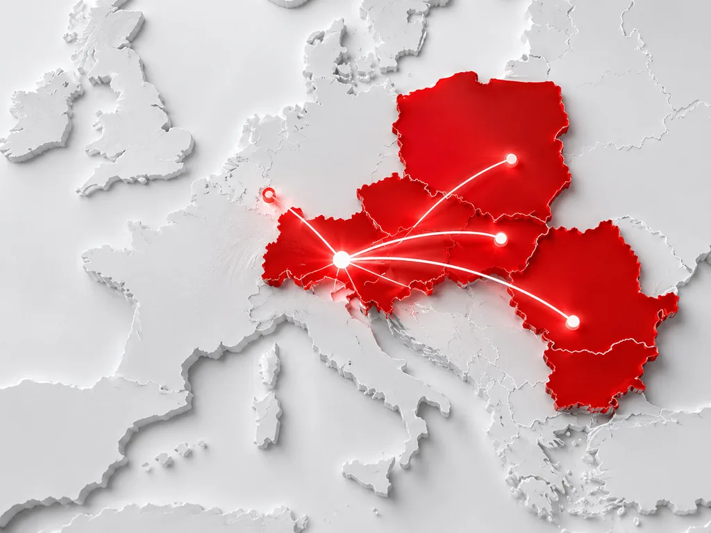 Map of Central Europe with Poland, Slovakia, Romania and the Czech Republic highlighted in red, with supply routes radiating from Brno