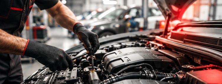 Car being serviced on a lift in a professional workshop