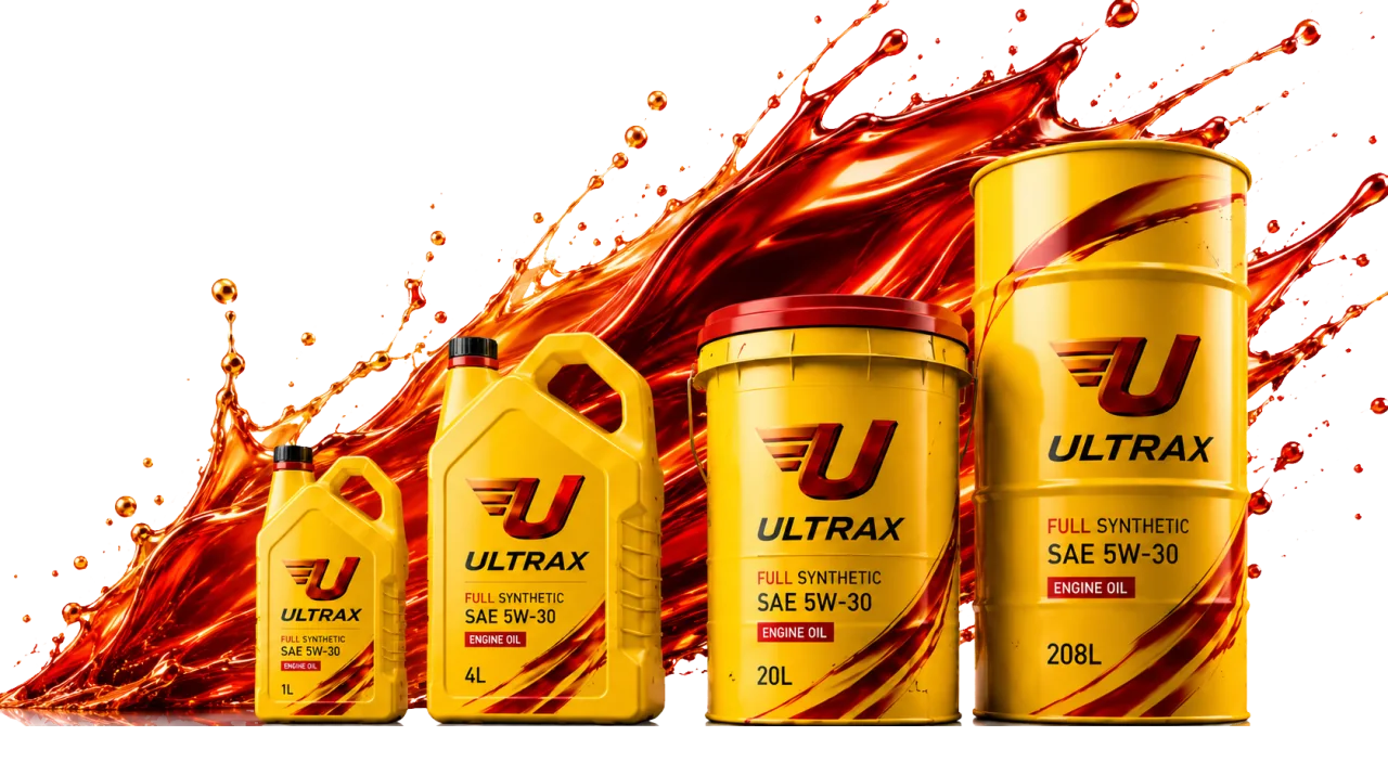 ULTRAX engine oil in 1, 4, 20 and 208 litre formats with a red oil splash